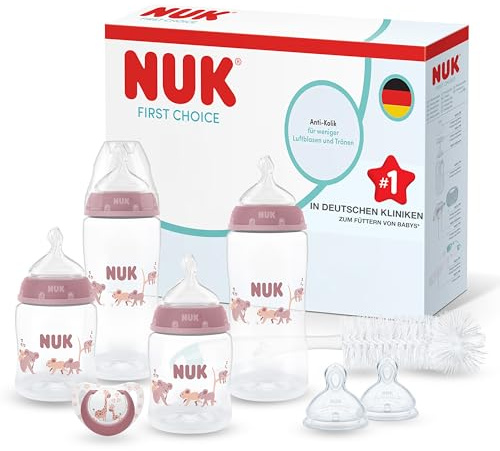 NUK First Choice Perfect Start Newborn Essentials Baby Bottles Set | 0-6 Months | 4 x Anti-Colic Feeding Bottles (150ml, 300ml), 2 x Teats, 1 x Dummy, 1 x Bottle Brush | Koala | 8 Count