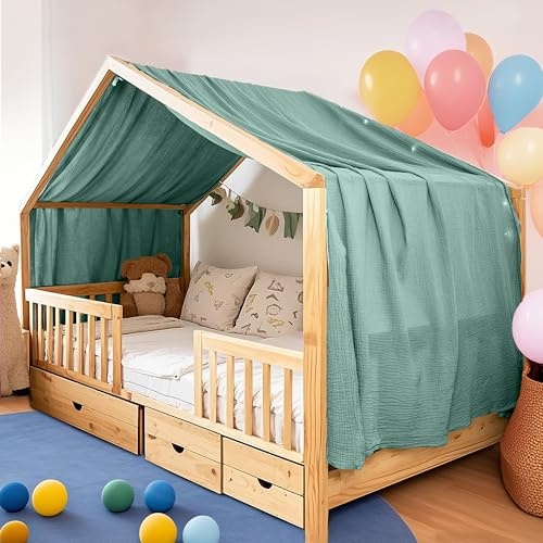 FloraVigo Handgefertigte Bettdecke für den Innenbereich, 100% Baumwolle, Musselin, Bettüberwurf für Zuhause, Bettdekoration, geeignet für Mädchen, Jungen (132 x 320 cm Eukalyptus)