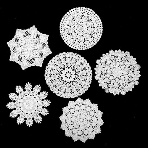 Grevosea 6 centrini in pizzo per tavoli, tovagliette rotonde in pizzo bianco all'uncinetto, 15,2 cm, sottobicchieri fatti a mano all'uncinetto, per cucina, sala da pranzo, Natale, inverno, decorazione