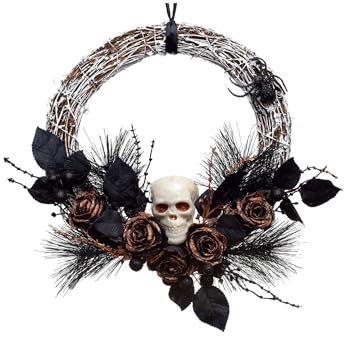 HEITMANN DECO Rattan Kranz Halloween - Deko - Party - Totenkopf - Spinnen - Rosen - Kunststoff - Gold, braun, schwarz - ca. 35x35x7cm