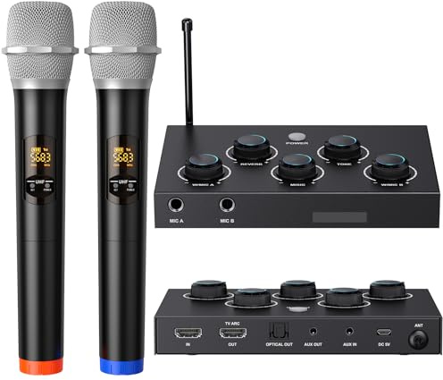 DIGITNOW!Portable Karaoke Microphone Mixer System Set, with Dual UHF Wireless Mic, HDMI-ARC/Optical/AUX & HDMI In/Out in Singing Receiver for Smart TV, PC, KTV, Home Theater, Amplifier, Speaker