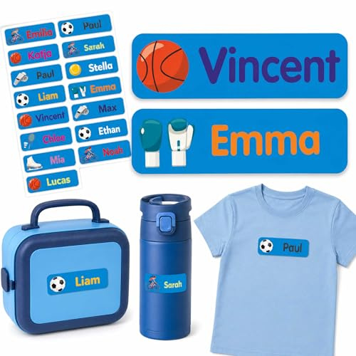 Indigos UG - Namensaufkleber Kinder Schule - 35–105 Sticker 35x10mm - Sport hellblau - Kindergarten - mit Wunschtext personalisierbar - wasserfeste Wäscheetiketten selbstklebend