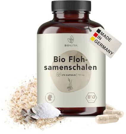 BIONUTRA® Bio Flohsamenschalen Kapseln hochdosiert, 2250 mg Tagesdosis, davon 1800 mg Ballaststoffe, rückstandskontrolliert, deutsche Herstellung, vegan, ohne Zusätze, Flohsamen Bio, 270 Stück x 750mg
