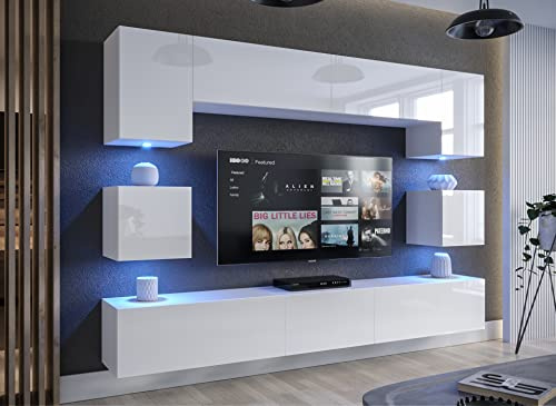 Furnitech Wohnwand | Möbel mit LED Weiß | Hängend Modern | Schrankwand mit Regale und TV Schrank (Nowara AN1-17W-HG21 1B)