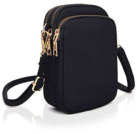 TSHAOUN mini tasche Handy Schultertasche Handytasche mit 3-lagiger Reißverschlusstasche Umhängetasche Nylon Kleine Crossbody Tasche Viele Fächer Münztasche mit Reißverschluss Schwarz (Black) (Black)