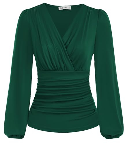 GRACE KARIN Dam V-ringad blus elegant omlottblus lykta långärmad smal passform veckad topp tunika blus, Mörkgrön, XL