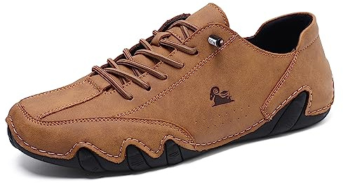 Slip On Loafers För Män Andningsbara Läderskor Mode Lace Up Boat Shoes Casual Flat Lightweight Sneakers Med Gummisulor Brun 43 EU