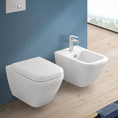 Sanitari bagno sospesi Rimless senza brida bianco lucido in ceramica, copriwater originale e kit di fissaggio incluso, serie SQUARE
