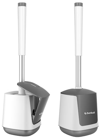 SetSail Toilet Brush and Holder 2 Pack, Self Closing Lid Toilet Bowl Brushes Holder and Extra Long Handle Ventilated Toilet Brush Set for Bathroom Cleaning, Nylon Bristles, White & Grey