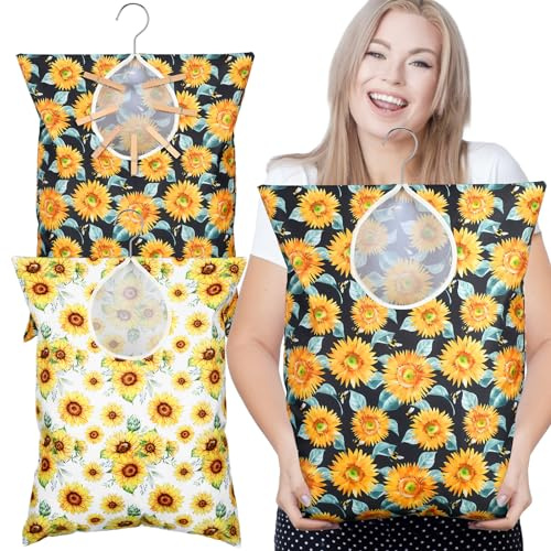 Wowangce 2 Pcs Extra large 20 x 16 Inch Clothespin Bag with Hanging Hook Clothes Pin Holder Waterproof Clothes Pin Hanging Bag Clothespin Storage Organizer with Large Opening(Sunflower)