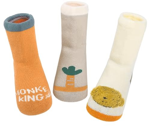 3 Pares Bebé Calcetines Invierno Grueso Calcetines a Media Pantorrilla 1-3 Años Recién Nacido Niño Niña Algodón Cálido Calcetines Suave Cómodo con Dibujos Animados, Monos M