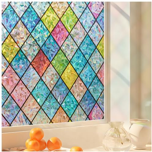 Beautysaid Window Privacy Film Stained Glass, Rainbow Window Film Decorative for Bathroom, Peel and Stick Window Cling Removable(Lattice,17.7 x 78.7 inches)