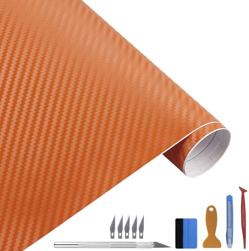 NewL Film Vinyle Auto 3D Fibre Carbone Orange Auto-Adhésif 30 x 300 cm | Texture fibre carbone 3D, outil inclus, canaux anti-bulles, souple extensible, pour voitures, motos, meubles, casques