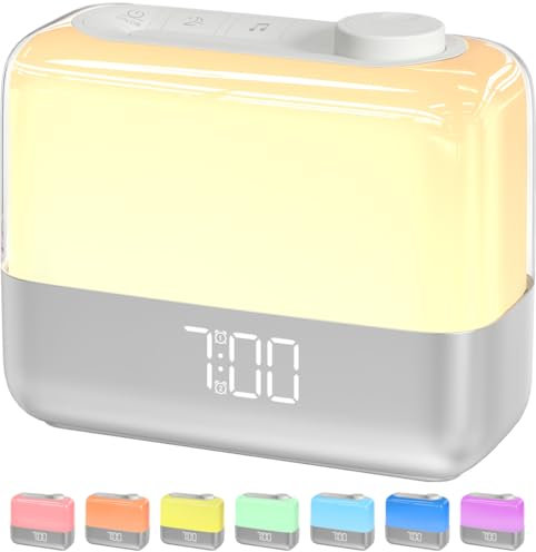 MeesMeek Réveil numérique pour chambre à coucher : lumière de réveil lever du soleil, veilleuse 8 couleurs, double alarme forte pour les dormeurs lourds, répétition de 9 minutes, 6 sons, 7 volumes,