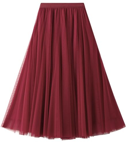 Tüllrock Damen A-Linie Elastischer Hoher Bund Midirock Mesh Großer Saum Langer Rock Elegant Faltenrock Sommerrock,Wassermelonenrot