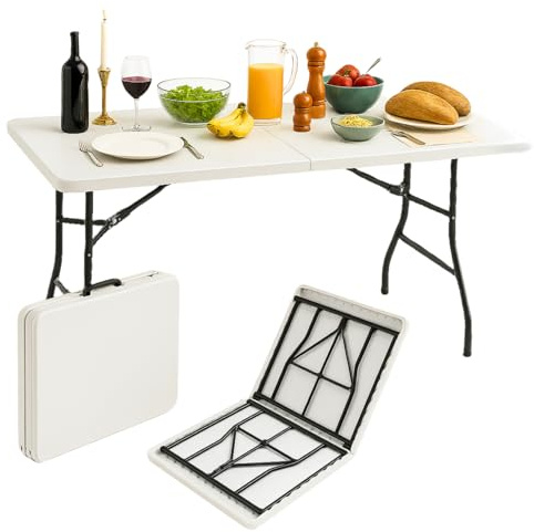 PALUPLUS Tavolo Pieghevole Rettangolare da Catering, Misura 180x71x74 cm, colore Bianco, Tavolo a Valigetta in Resina e Metallo, con maniglia, ideale per giardino, fiera, pic nic, campeggio -344F