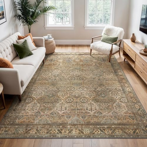 BEIMO Tappeto Salotto Vintage, Tappeto Antiscivolo Lavabile, Moderno Tappeti Camera Da Letto, Tappeti Persiano per Cucina, Soggiorno, Ufficio, Giallo-Marrone, 120x170cm
