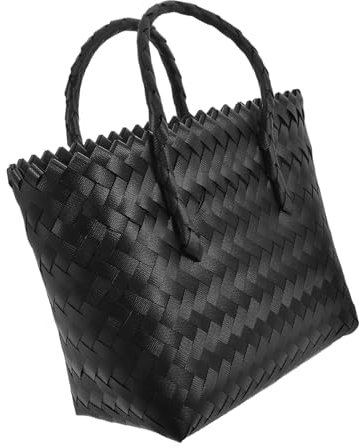 Cabilock Panier Tressé en Paille Noir Artisanal, Cabas à Main pour Femme, Paquet De Plage Femme Tissé Main, Panier D'achat Polyvalent pour Courses, Loisirs Et Organisation Intérieure