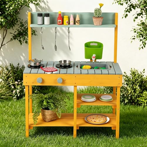 DREAMADE Matschküche Kinder Outdoor, Kinderküche mit Wassertank, Wasserhahn, Herd & abnehmbarem Regal, Spielküche aus Tannenholz, Outdoor Küche inkl. Zubehör für Jungen & Mädchen ab 3 Jahren (Orange)