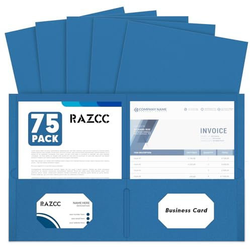 Two Pocket Folders, RAZCC 75 Pack 2 Pocket Folders Fit Letter Size Paper, Paper Folders with Pockets for School Office Business Home (Navy Blue)