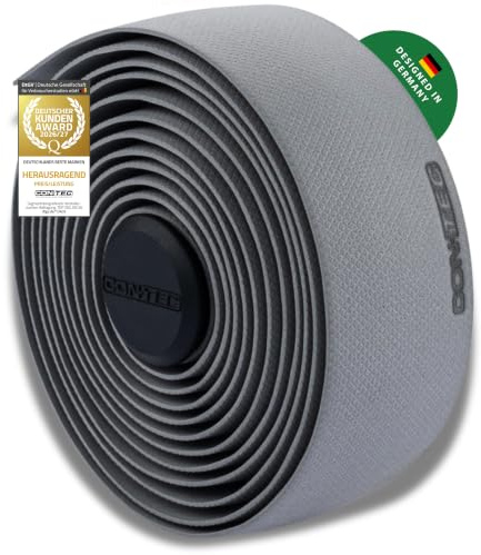 CONTEC Lenkerband Prestige.Grip, 2000x30x2,5 mm, aus EVA-Schaum und Gel, selbstklebend und rutschsicher, mit Klebestreifen und 2 Lenkerstopfen, Paar, grau