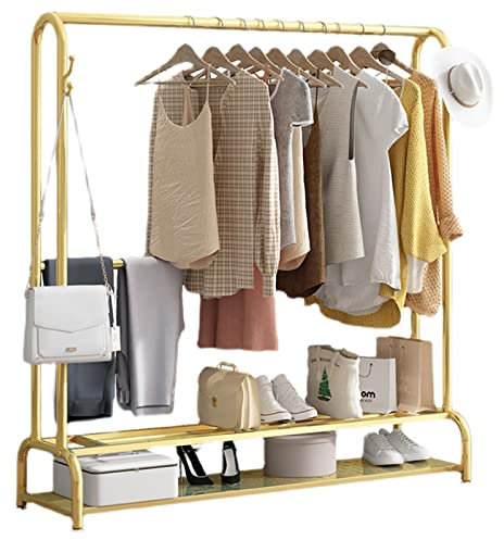 Portant à vêtements avec 2 étagères de rangement, présentoir à vêtements moderne de 28 mm d'épaisseur avec porte-pantalons central