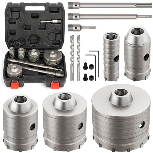 DAIMIT Juego de Coronas para Hormigón de 16 Piezas con 2 Brocas y Vástago SDS Plus & Max, Set de Coronas para Perforación en Paredes de Cemento, Ladrillo y Piedra, Tamaños del Juego 30 40 68 82 100 mm