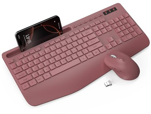 Combo tastiera e mouse wireless – Tastiera ergonomica di dimensioni standard con poggiapolsi, supporto per telefono, modalità sleep, tastiera silenziosa 2,4 GHz cordless mouse combo per computer