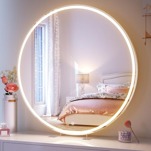 SONNI Schminkspiegel mit Beleuchtung 80cm Rund, Vanity Mirror mit Steckdose | HD-Spiegel mit Touch, Memory, 3 Lichtfarben & dimmbar. Wandmontage/Standfuß (kippsicher), Weiß für Schlafzimmer Schminktisch