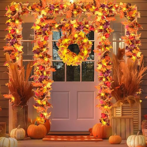 Yozexin 2 Pack Artificial Maple Leaves Garland 5.9Ft Each: Hanging Vine Garland with 40 LED String Lights, Artificial Autumn Foliage Home Decor, Wall Ceiling Decor Cozy Ambience for Indoor Outdoor