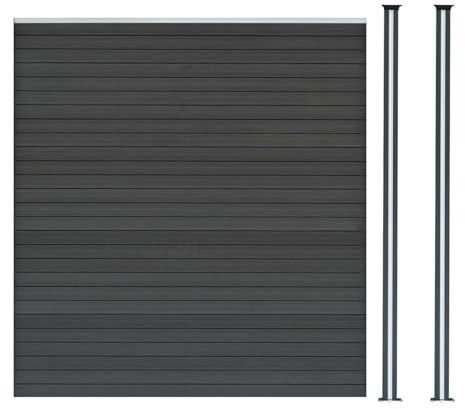 Composite Fence Panel & 2 Aluminium Posts 6ft Board Grey Double Sided Wood Grain Slatted Fencing Plastic PVC Outdoor Garden Driveway Privacy Barrier 185cm High x 180cm Wide Solar Powered LED Lighting