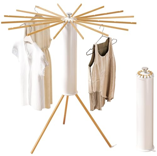 Foldable Tripod Clothes Drying Rack,Beechwood & Portable Laundry Stand, Space-Saving Collapsible Hanger with 16 Arms for Indoor & Outdoor Drying – Easy Setup, Stable Base, Fast Air-Drying Design