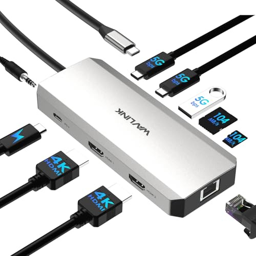 WAVLINK USB C Docking Station, 10-in-1 Laptop Docking Station Dual HDMI 4K@60Hz, USB A/C 3.0, SD/TF, 100W PD in, Gigabit Ethernet, Audio for Dell/HP/Lenovo, Windows System Computer Only