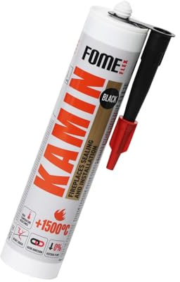 Fome Flex Kamin 1500 °C – Hitzebeständiges Hochtemperatur Silikat, Feuerfeste Dichtmasse, Schwarz, Silikat zum Abdichten für Kamine, Öfen und Schornsteine, 300 ml Kartusche