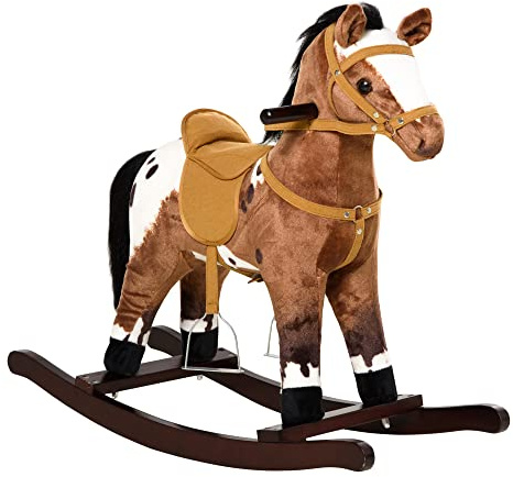 Qaba Rocking Horse, Kids Plush Ride On Toy, Wooden Animal Rocker with Realistic Sounds for Toddlers 36 Month+, Dark Brown