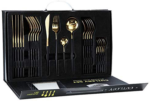 rismart Edelstahl 24 Teile Besteck Set Silberbesteck mit Messer, Kaffee Suppe Teelöffel, Gabeln Gold Schwarz