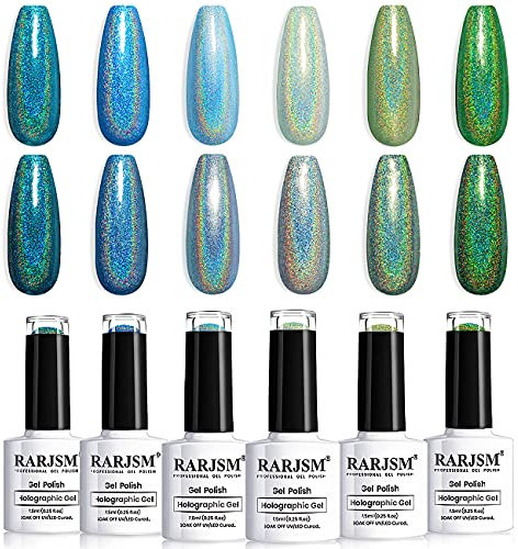RARJSM Holographic Gel Nail Polish Set,Glitter Blue Green Gel Polish Kit Misty Forest Collection Soak Off 6PCS 7.5ML Curing Required Unicorn Mirror Laser Effect Nail for Salon Home Manicure