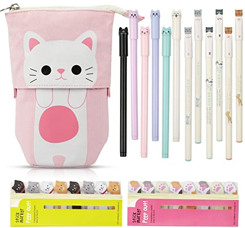 hocadon Niedliches Katzen Schreibwaren Set mit 6 Stk 0,5mm Gelstifte Schwarz und 6 Stk 0.38mm Süße Cartoon Katze Stifte, Katze Bleistifthalter für Schulen Büro Teenager Erwachsene,15 Stück