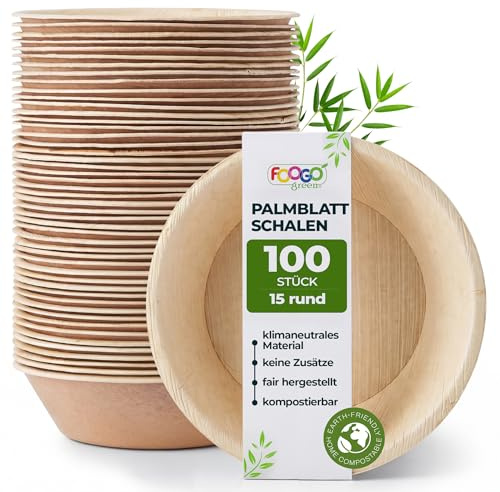 FOOGO Green 100pcs Disposable Palm Leaf Bowls, 6 (15cm), 10.5oz (300ml) | For Desserts & Salad, Round, Eco Friendly Biodegradable Compostable, Like Wooden, Bamboo And Paper Bowls, Party