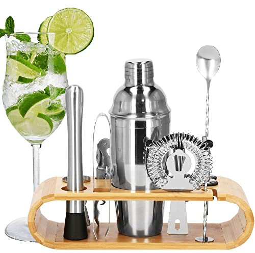 SPRINGOS Accesorio para coctelera Cobbler coctelera de 750 ml, 12 piezas, para principiantes y profesionales, bebidas exóticas, soporte de bambú, vaso medidor, sacacorchos, pinzas de hielo