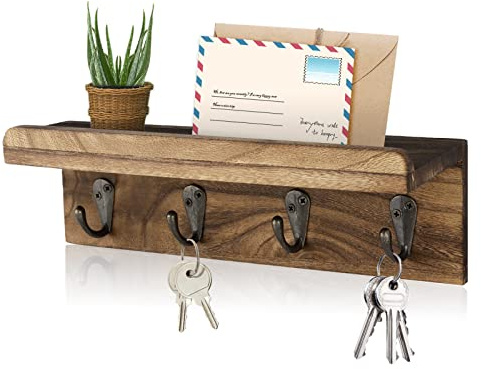 HRONRAD Rustic Key Holder for Wall, Farmhouse Wall Shelf with 4 Hooks, Wall Mounted Key Racks, Wooden Mail Organizer with Hooks for Entryway (Brown)