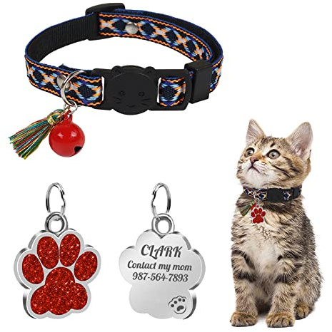 Uiopa Katzenhalsband mit Hundemarke Pfote Personalisiert, Katzenhalsband mit Glöckchen Und Quaste, Katzenhalsband Mit Namen für Katze und Hund, Verstellbar 20-30 cm