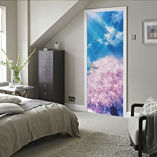 stickers paroi de douche 85x215cm(33.46 inches * 84.64 inches) Rose feuilles Porte Autocollants 3d Papier Peint Sticker Porte PVC Imperméable pour Décoration Mur Salon Cuisine Chambre Salle