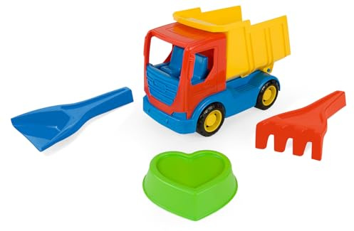 Wader 70421 - Tech Truck Kipper mit Sandspielzeug Set, Kipper, Schaufel, Rechen und Sandform, 4-teilig, für Kinder ab 12 Monaten, geeignet als Geschenk für kreatives Spielen