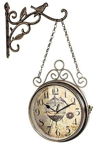 Antik Retro Bahnhofsuhr Retro doppelseitige Wanduhr, Vintage zwei Flächen Wandhängeuhren, Wandmontierte Retro-Zentralstationuhr for Wohnzimmer Garten Terrasse Wandhalterung Hanges Haus im Freien Innen