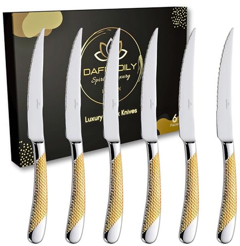 Daffodily® Steak Knife Set 6 pc Steak Knives Serrated Kitchen Knife Sets - Mirror Finish, Restaurant Quality Kitchen Knives for Home, Gift Box