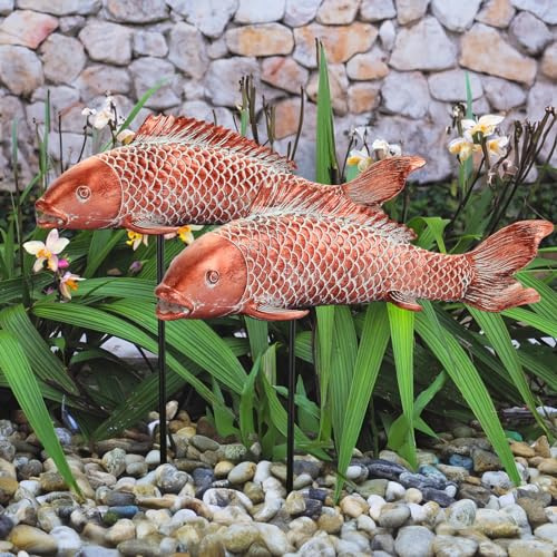 Koi-fisk utomhus trädgårdsdekor statyer, 2 st antik koppar koi-fisk konst skulptur för utomhus damm gräsmatta uteplats veranda gårdsdekor heminredning husornament, födelsedagspresenter för kvinnor