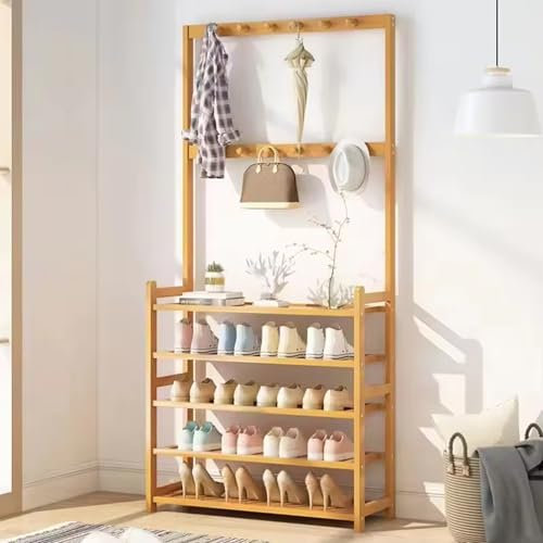 WaaYb Coat Rack Stand with Removable 10 Hooks Free Standing Hall Tree, Shoe Shelves with Shoe Storage Bench for Hallway Office and Living Room, Bamboo