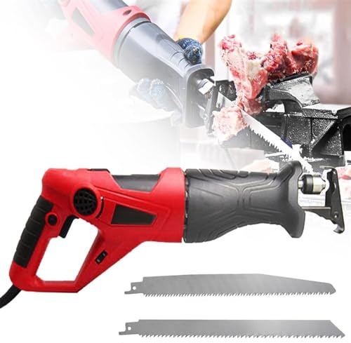 Bensågmaskin, elektrisk bensåg Professionella slaktare såg Variabel hastighet elektrisk sladdad sabelsåg med blad for skärning av metall trä Fläsk Nötkött fårkött(Red,1100W)