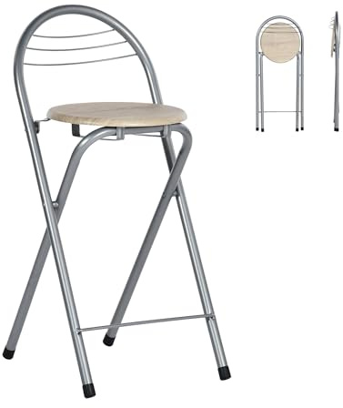 Tabouret Haut de Bar Pliant Lot de 2, Chêne&Argent/Hauteur D'Assise 61CM